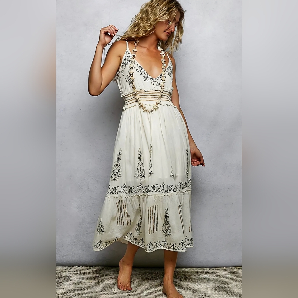 POL Cream Embroidered Midi Dress